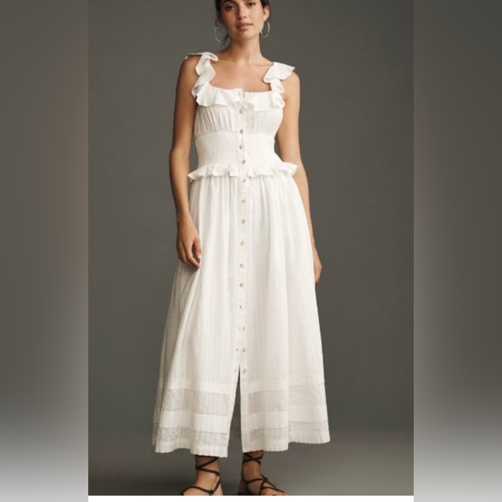 NWT Anthropologie Pilcro White Cotton Ruffle Maxi Dress Smocked Waist Size S